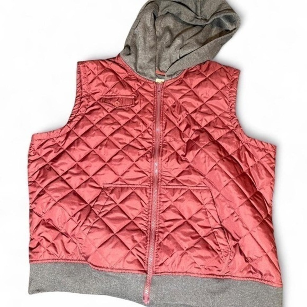 RuffHewn Womens 2X Quilted Hooded Puffer Vest Burgundy Grey Full Zip Sleeveless
